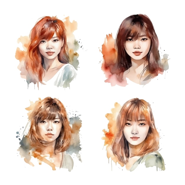 Vector asian woman with brown bangs hairstyle watercolor paint collection