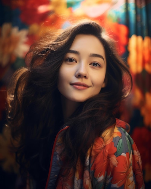 An asian woman with long hair and floral jacket posing for the camera