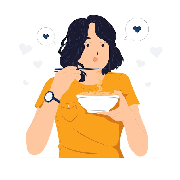 Giovane bella donna asiatica che tiene una ciotola di noodles e mangia noodles istantanei caldi e piccanti con illustrazione di concetto di bacchette