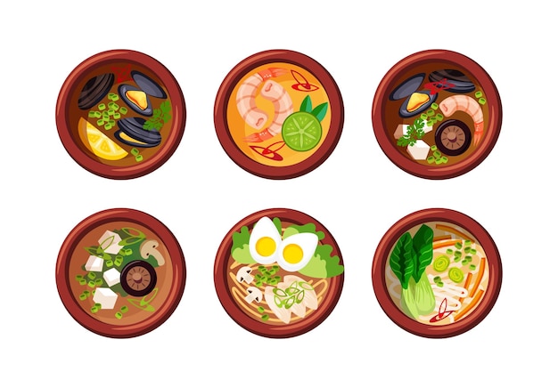 Asianfood Asian soup set Soup with mussels seafood miso soup and Ramen plates of food flat lay