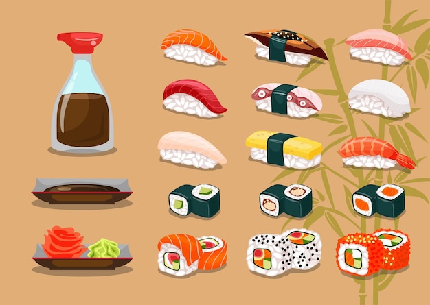 Asianfood big set with different types of sushi rolls nigiri sauce brown background and bamboo