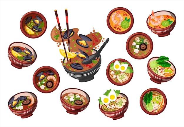 Азиатская еда Большой набор с супами в азиатском стиле Под разными углами изолированный объект