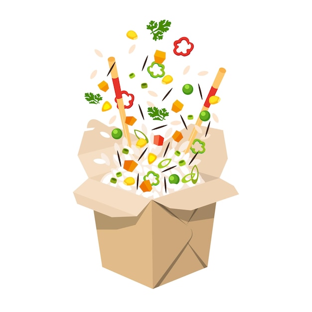 Asianfood 음식 배달 요리를 위한 재료 야채가 쌀 상자로 날아가고 있습니다.