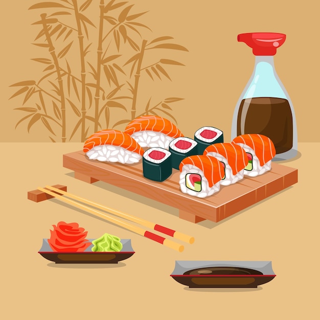 Asianfood Set of sushi on a wooden plate with sauce Brown background with bamboo