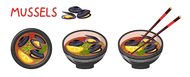 ムール貝のアジア料理スープ 伝統的なシーフード料理 3 皿の食べ物クローズ アップ