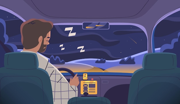 asleep driver somnolence driving sleepy doze guy riding car on late night city road drowsy tired drunk driver traffic way fatigue chauffeur danger accident vector illustration