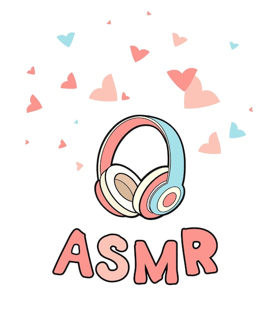 Vector asmr headphones vector isolated logo, icon. autonomous sensory meridian response illustration. pink earphones and blue hearts of enjoying sounds, whisper or music. vector asmr headphones illustration.