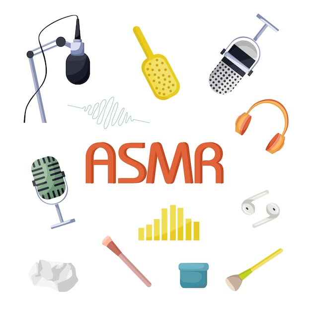 Asmr vector element set - hoogfrequente microfoon, koptelefoon, borstels, papier, geluidsgrafiek