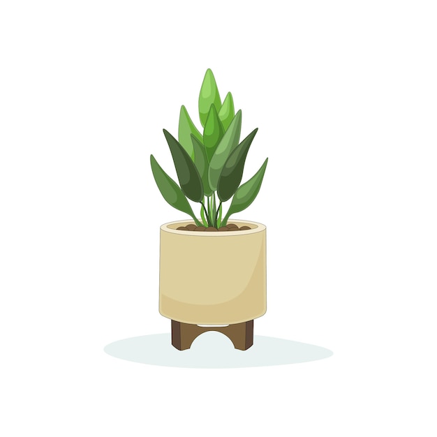 Iconica della pianta aspidistra fogliame verde vaso beige iconica adesiva carta di firma stampa illustrazione vettoriale piatta