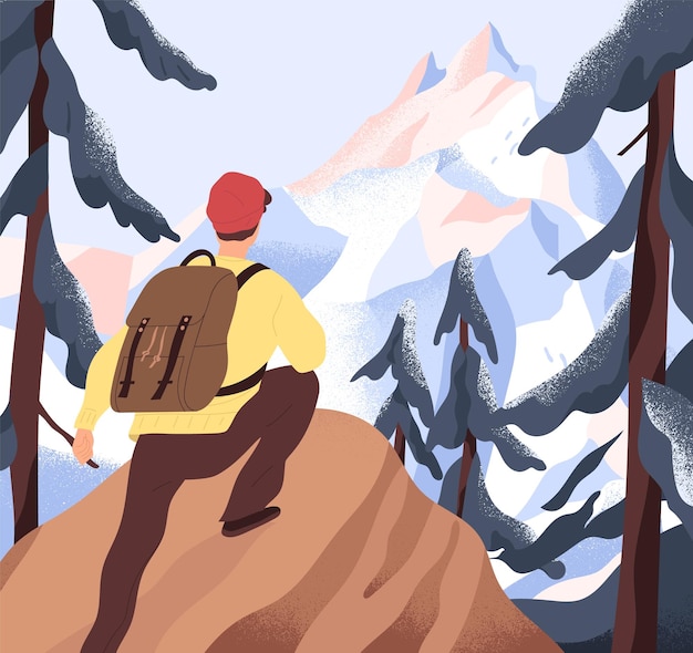 Aspiration to horizons, goals and discoveries concept. Backpacker climbing on top of mountains. Person standing at peak and dreaming about achieving new aims. Colored flat vector illustration.