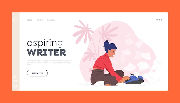 Aspiring writer landing page template creative female author or editor sit on floor with typewriter and papers