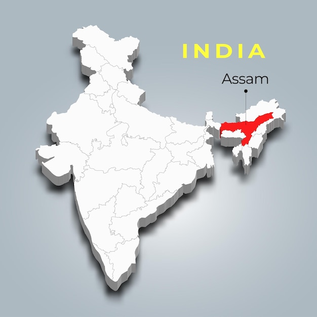 Assam state map location in Indian 3d isometric map Assam map vector illustration