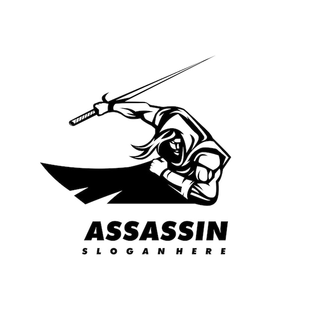 Вектор дизайна логотипа ассасина ниндзя использует меч в черно-белом цвете
