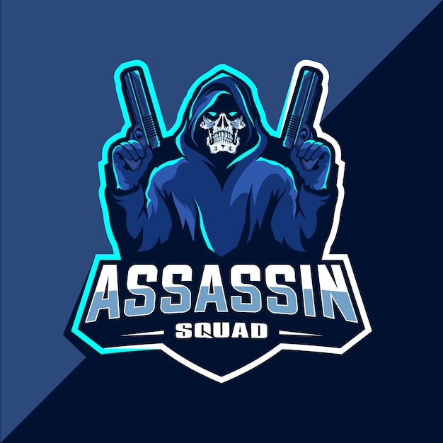 Cranio di assassino con pistole mascotte logo esport