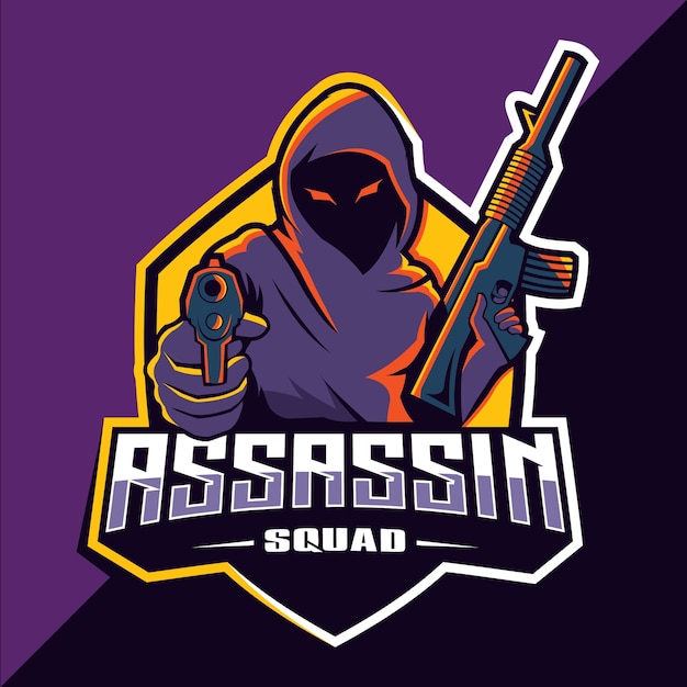 Assassin with guns mascot esport logo design