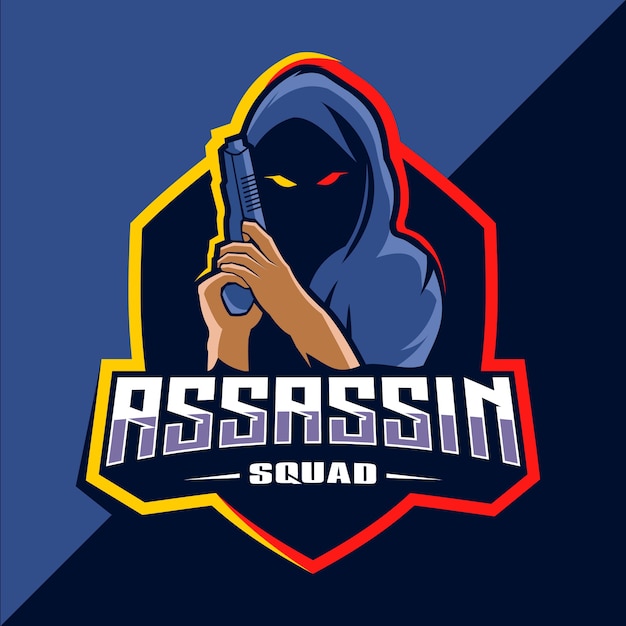 Assassin with guns mascotte esport logo design