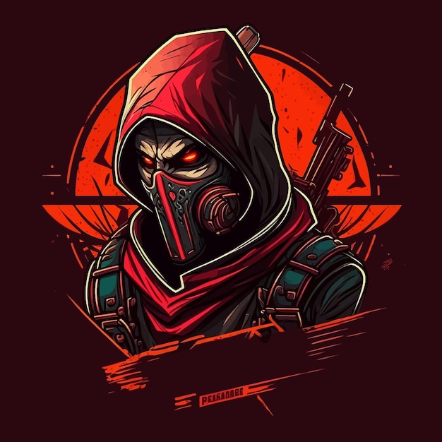 Assassin with red eyes wearing hoodie esports mascot designs gaming logo template illustration.