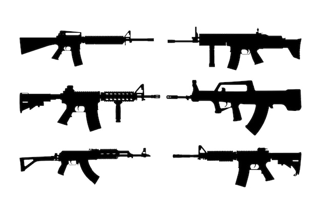 Вектор Набор силуэтов штурмовой винтовки, изолированный черным на белом фоне, векторная иллюстрация