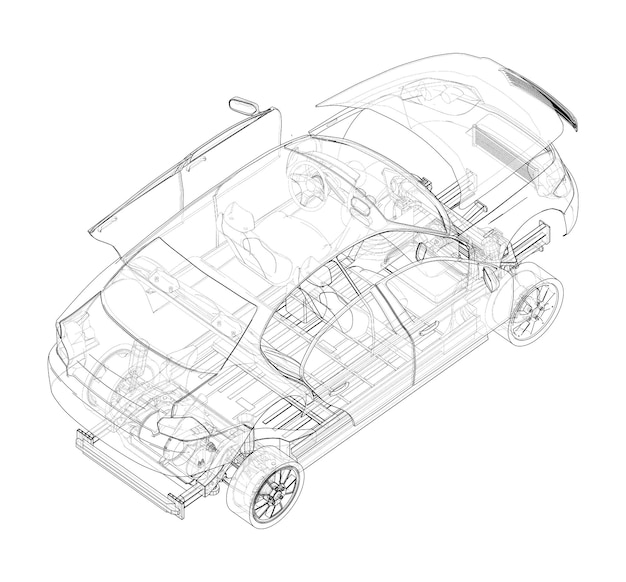 電気自動車の組み立て。 3Dのベクトルレンダリング。ワイヤーフレームスタイル。目に見える線と見えない線の層が分離されています。正書法または等尺性