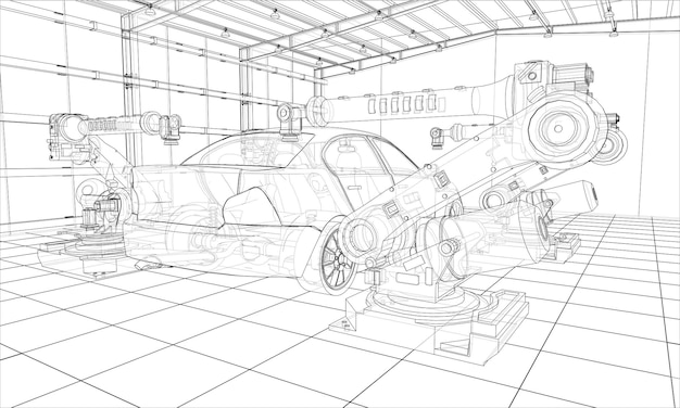 Assembly of motor vehicle. Robotic equipment makes Assembly of car. Blueprint style. Vector rendering from 3D model