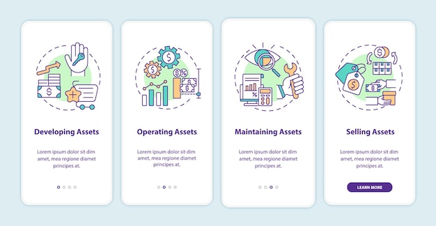 Asset management componenten onboarding mobiele app paginascherm met concepten illustratie