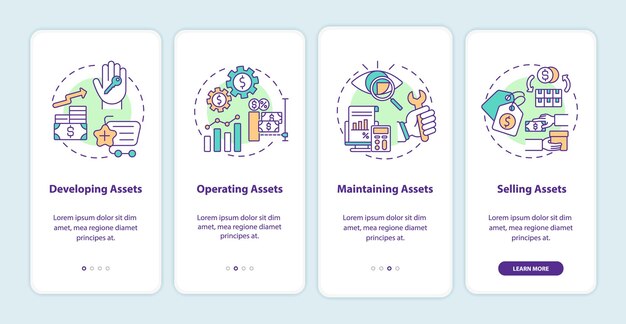 Asset management components onboarding mobile app page screen with concepts illustration