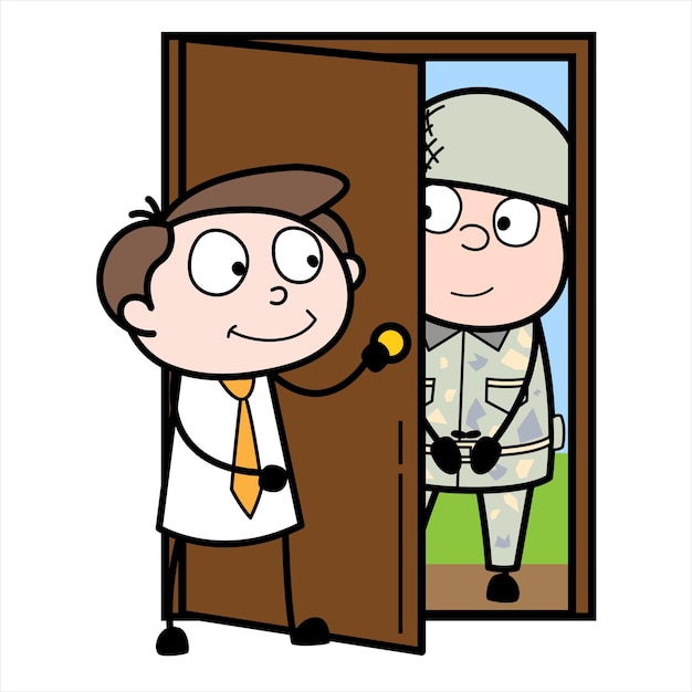 군인이 방문하는 젊은 사업가 만화 캐릭터의 자산