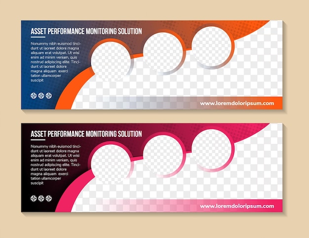 Vector asset performance monitoring solution horizontal banner design template with blue black and pink