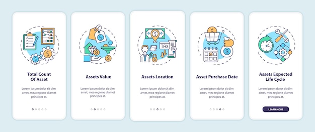 Assets elementi di inventario onboarding schermata della pagina dell'app mobile con illustrazione dei concetti