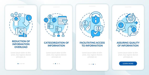 Assegnazioni della schermata dell'app mobile di onboarding blu del settore dell'informazione