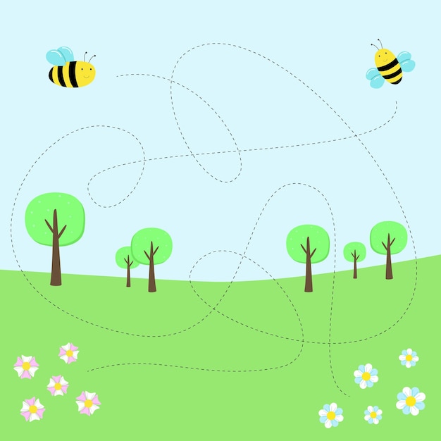 미취학 아동을 위한 과제. 어린이를 위한 게임. 여름 그림, 꿀벌은 자연에서 날아갑니다.