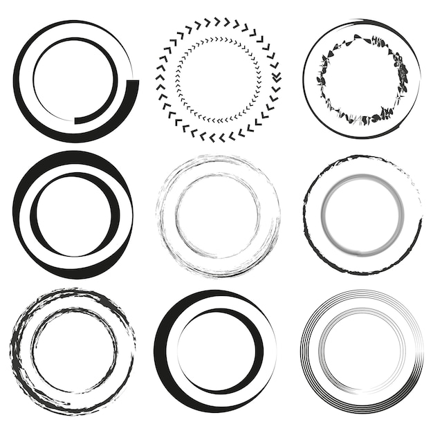 Vettore cornici grunge circolari assortite set di bordi rotondi astratti elementi circolari decorativi