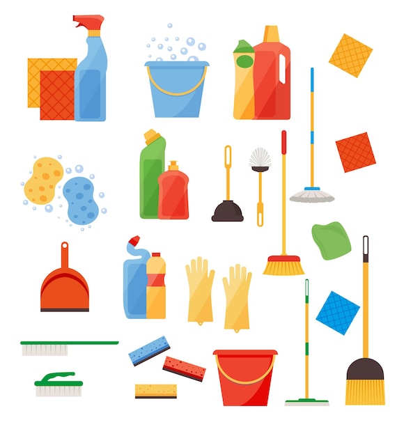 Vector assorted cleaning items set with brooms, bucket, mops, spray, brushes, sponges. cleaning accessories flat style.