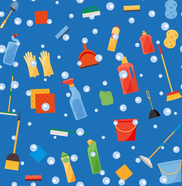 Assorted cleaning items set with brooms, bucket, mops, spray, brushes, sponges. seamless pattern eps 10