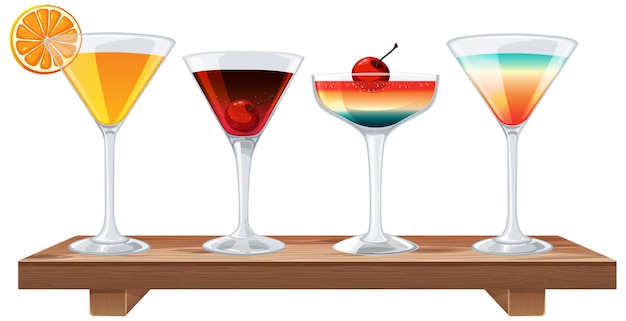 Vector assorted cocktails on wooden board