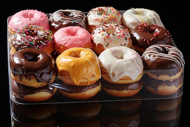 Assorted donuts with chocolate frosted pink glazed and sprinkles donuts