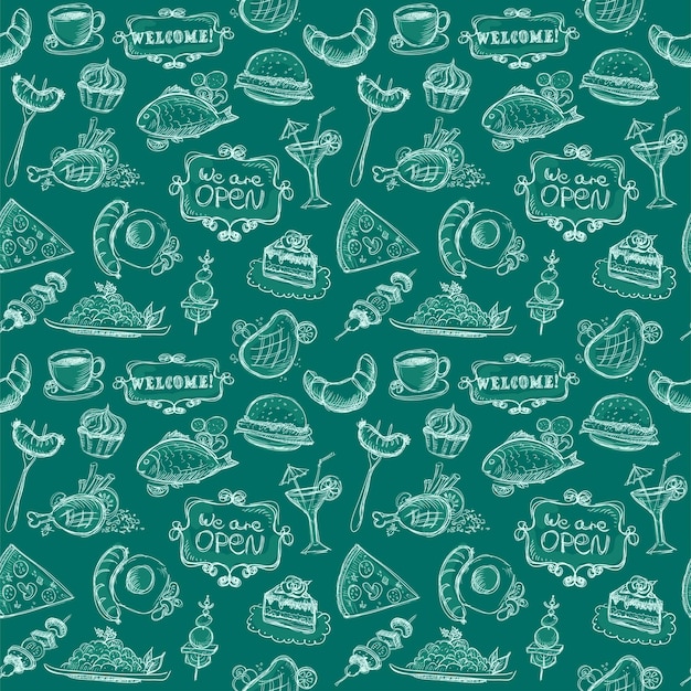 Vector assorted food retro style graphic symbols seamless pattern