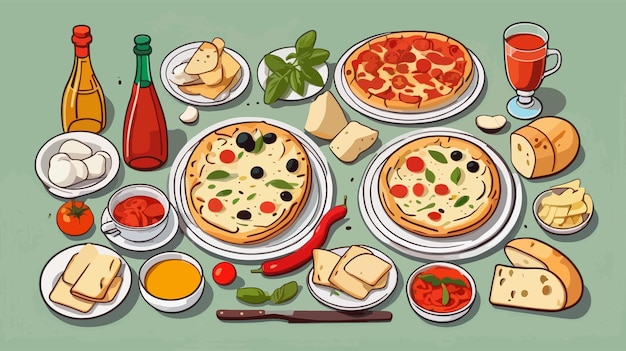 Vettore illustrazione vettoriale 2d di vari tipi di alimenti distribuiti su una tabella