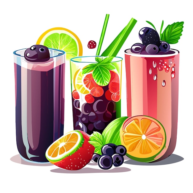 Vector assorted fruit juices in glass with watermelon orange strawberry avocado blackberry and apple drawin