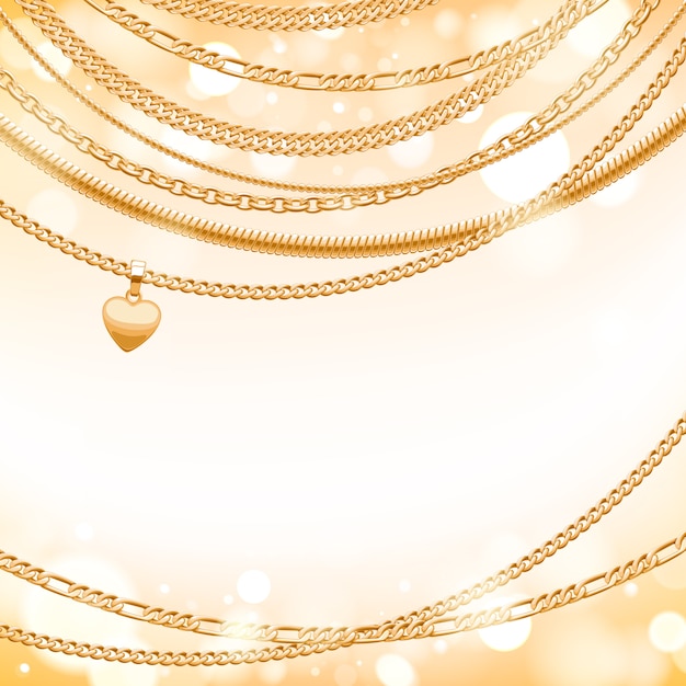 Assorted golden chains on light glow background with heart pendant. good for cover card banner luxury .