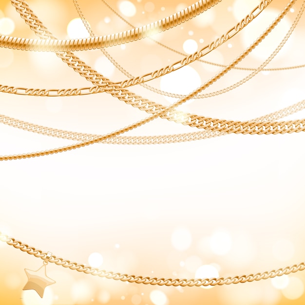 Vector assorted golden chains on light glow background with star pendant. good for cover card banner luxury .