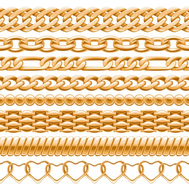 Catene d'oro assortite su sfondo bianco senza soluzione di continuità. pennelli per il tuo.