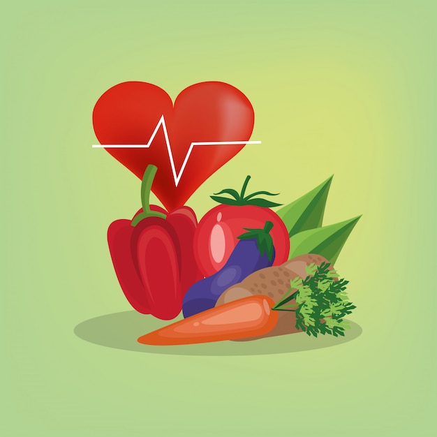 Vettore immagine di icone di cardiogramma di cibo sano e cuore assortiti