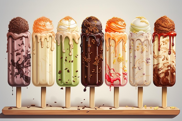 Vector assorted ice lollies over wooden background