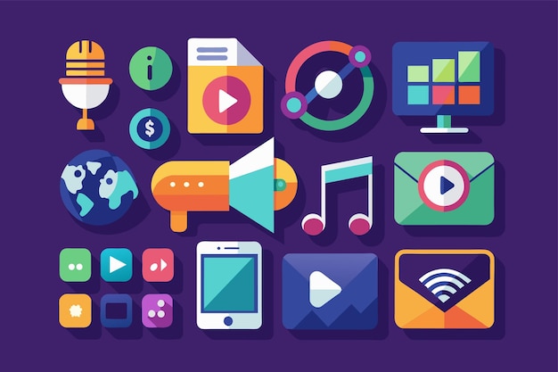 Vector assorted multimedia icons in a minimalist style on a vibrant purple backdrop multimedia icon set simple and minimalist flat vector illustration