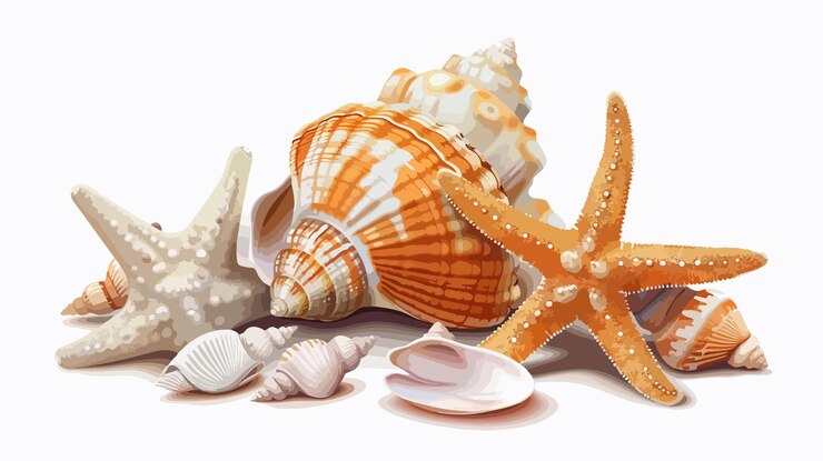 Vector assorted shells and starfish isolated on white background