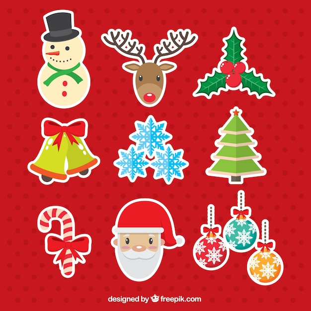 Vector assorted stickers of ornaments and christmas characters