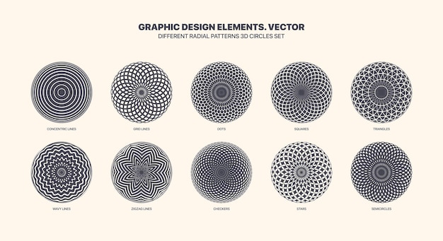 Vettore assortimento di vari cerchi con motivo radiale frattale insieme vettoriale con diverse trame geometriche isolati su sfondo bianco. raccolta di modelli di varietà concentrici. variazioni di elementi di design