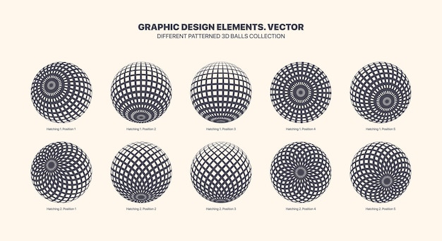 Vettore assortimento di varie sfere 3d vettoriali in diverse posizioni con motivo artistico a tratteggio dritto e incrociato isolato su sfondo bianco. collezione di elementi di design di varie sfere 3d in bianco nero grafico