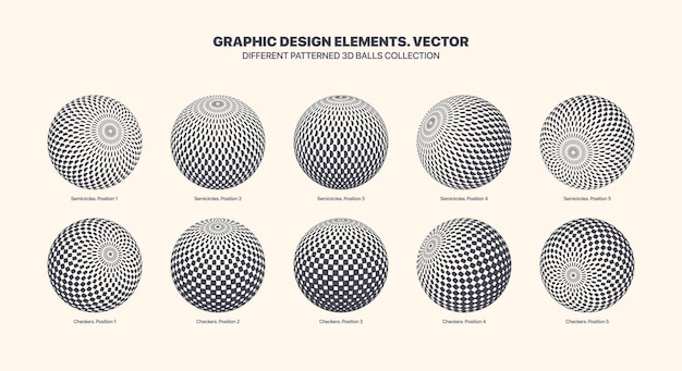 ベクトル さまざまなベクトル3dボールをさまざまな位置に配置し、白い背景で隔離されたチェッカーと半円のハーフトーンパターンセットを使用します。グラフィックブラックホワイトバラエティ3d球体デザイン要素コレクション